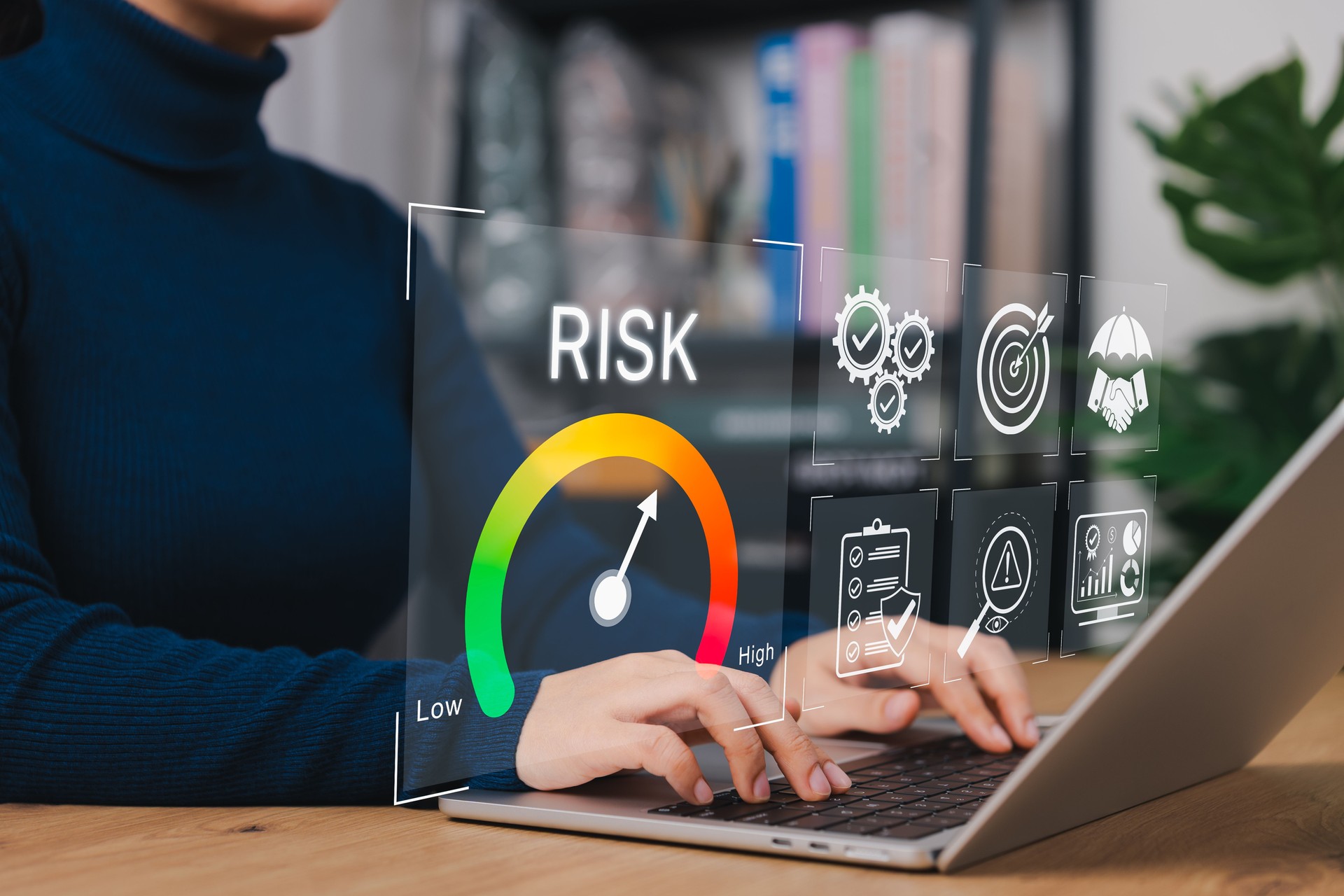 Risk assessment and management performance indicator gauge. Analyzing risk levels with icons of compliance, protection, analytics, mitigation strategies in corporate setting, business continuity,