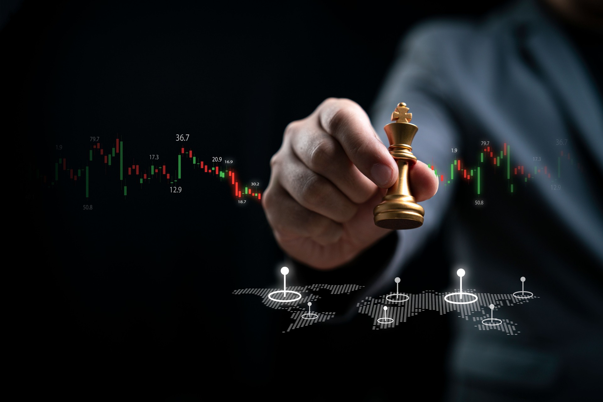 Businessman holds a golden chess piece against a backdrop of stock market graphs and a digital world map, symbolizing strategic decision-making in finance and trading strategies concept.
