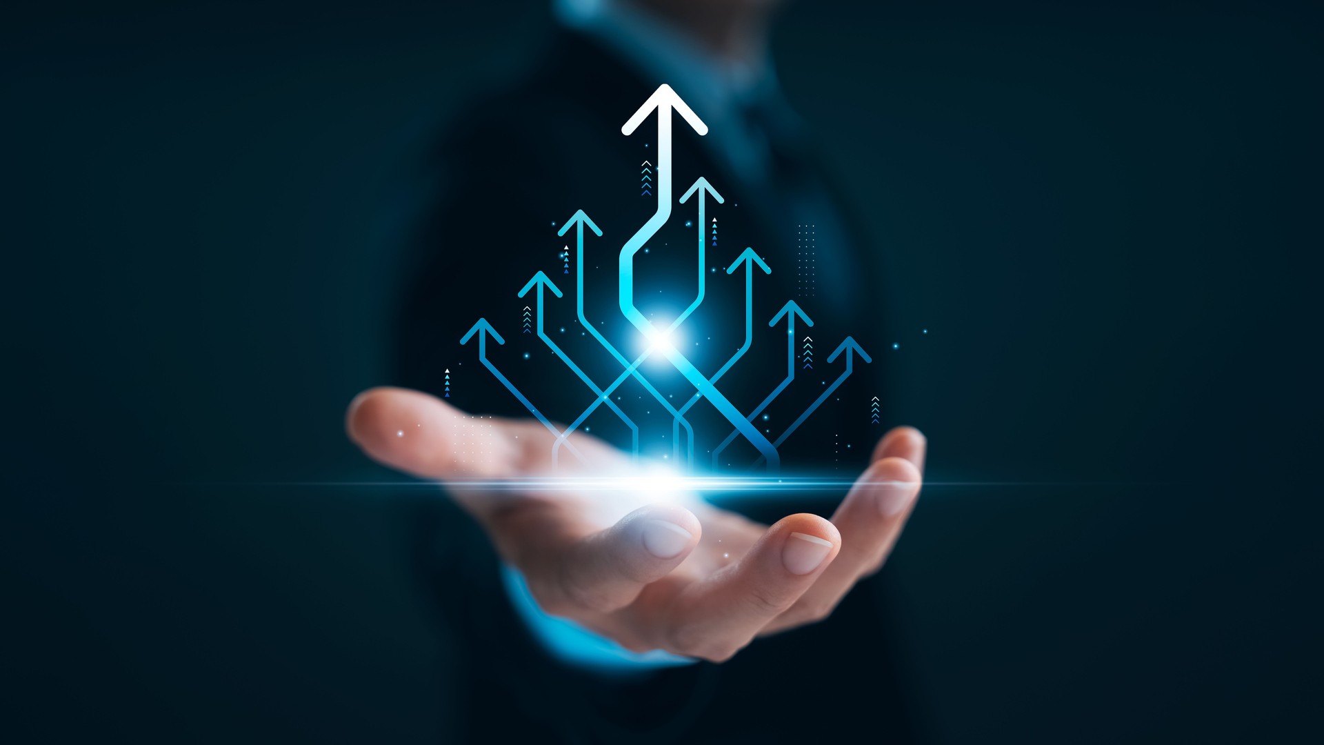 Businessman holding arrow pointing up business growth, financial growth graph of stock market and exchange business, data analysis, opportunity, finance and investment, future success strategy.