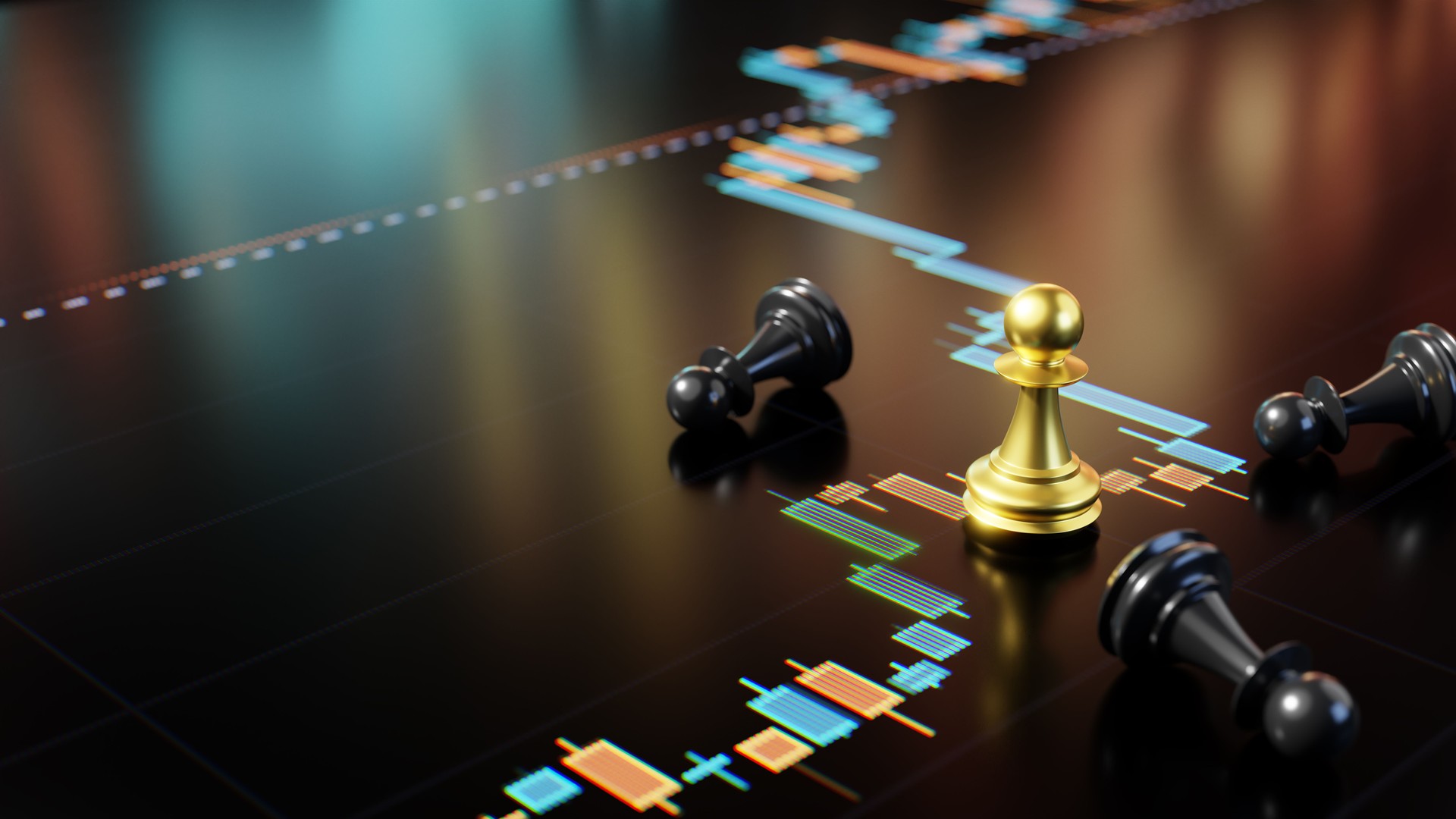 Golden Chess Pawn on Black Background with Financial Chart Elements Golden Chess Pawn on Black Background with Financial Chart Elements